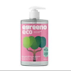Egreeno Eco hand soap in 500ml bottle with cream soap, pomegranate oil, and essential oils, shown in a clean, modern pump dispenser.