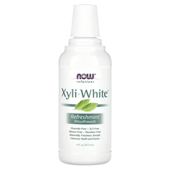 MKSTAVRINOS XyliWhite Mouthwash, Fluoride-Free Refreshmint in a 16 fl oz bottle, showing the clear liquid and label.