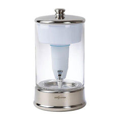 Herbalistas ZeroWater 9-liter glass water filter dispenser with a clear glass body and a white lid, designed for clean drinking water.