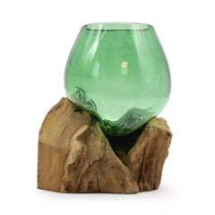 Handmade small bowl made from recycled beer bottle on natural wood stand, eco-friendly home decor by AW GIFTS