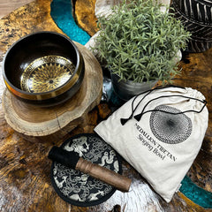 AW Gifts, Hand Beaten & Engraved Singing Bowl Gift Set - 14cm - Round Medallions - GREEN LIFE CYPRUS