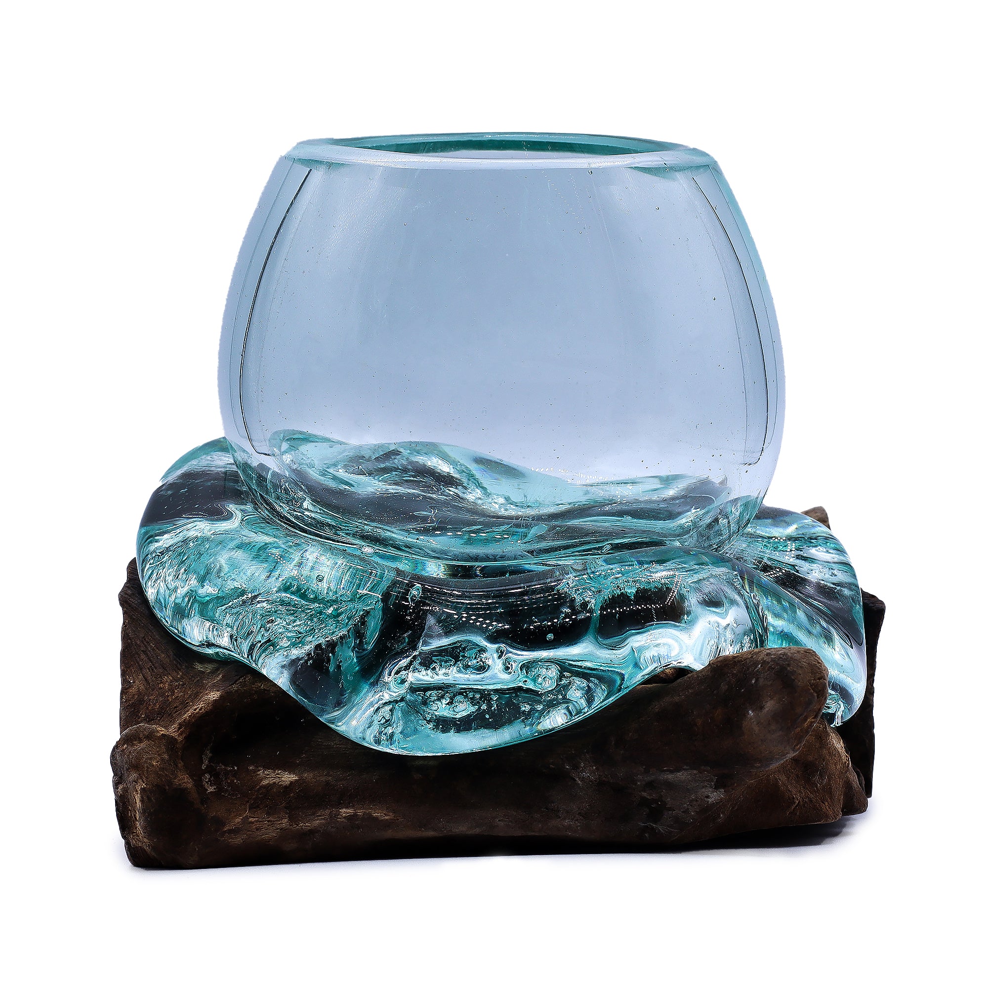 Handmade molten glass bowl on natural wood base, stylish home decor piece by AW GIFTS, showcasing vibrant glass artistry.