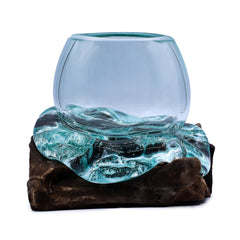 Handmade molten glass bowl on natural wood base, stylish home decor piece by AW GIFTS, showcasing vibrant glass artistry.