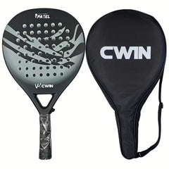 TEMU padel racket with carbon fiber face and soft EVA core, shown with paddle bag for tennis and fitness training.