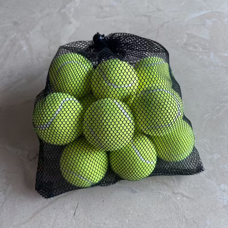 Set of 12 TEMU tennis balls with storage pack, showing bright yellow tennis balls in a convenient carrying case.