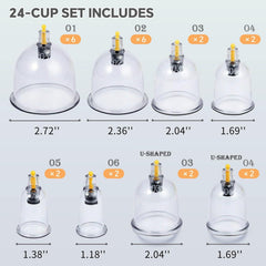 Set of 24 TEMU cupping therapy massage cups, silicone accessories for skin and muscle treatment, shown on a white background.