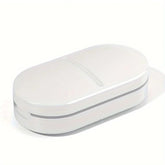 White portable 2-in-1 pill cutter and organizer by TEMU, compact design with compartments and a built-in blade for easy medication management.