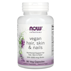 MKSTAVRINOS NOW Foods Vegan Hair, Skin & Nails supplement capsules, 90 veggie capsules in eco-friendly bottle.