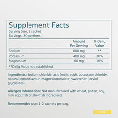 Herbalistas Salte lemon-flavored performance electrolyte supplement sachets, showing six individual packets for hydration and energy.