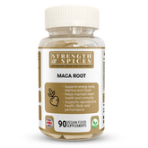 Bottle of Strength & Spices Maca Root 700mg supplement capsules, showing the label and 90 capsules in a clear container.