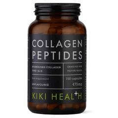 Herbalistas Kiki Health grass fed collagen peptides supplement in a bottle of 150 vegicaps with a natural health theme.