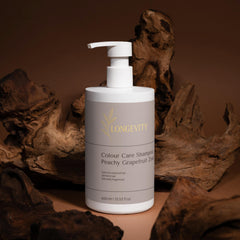 SELFNAMED Longevity Colour Care Shampoo with Peachy Grapefruit Zest in a 400ml bottle, featuring a brown wooden cap.