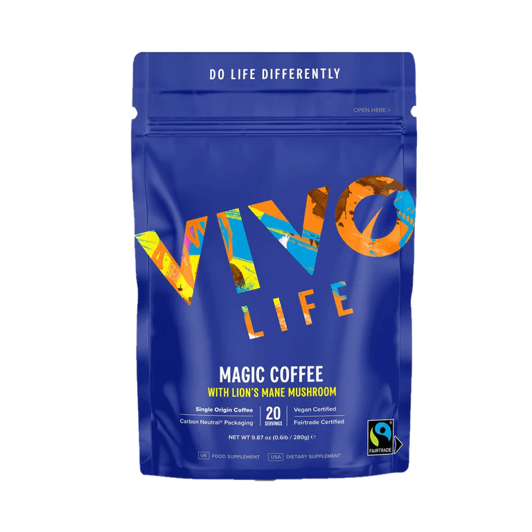 Vivo Life Magic Organic Coffee with Lion’s Mane Mushroom in a coffee mug, showcasing a rich, brewed coffee with mushroom infusion.