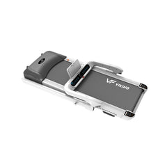 VIKING FITNESS D-12 Smart Folding Treadmill in folded position, showcasing space-saving design and digital control panel.