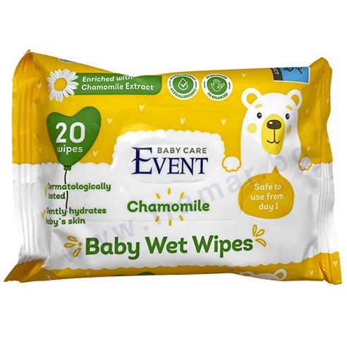 Event Baby Wet Wipes with Chamomile by PETROUTSIOS, 20-pack, featuring gentle chamomile for soothing baby skin.