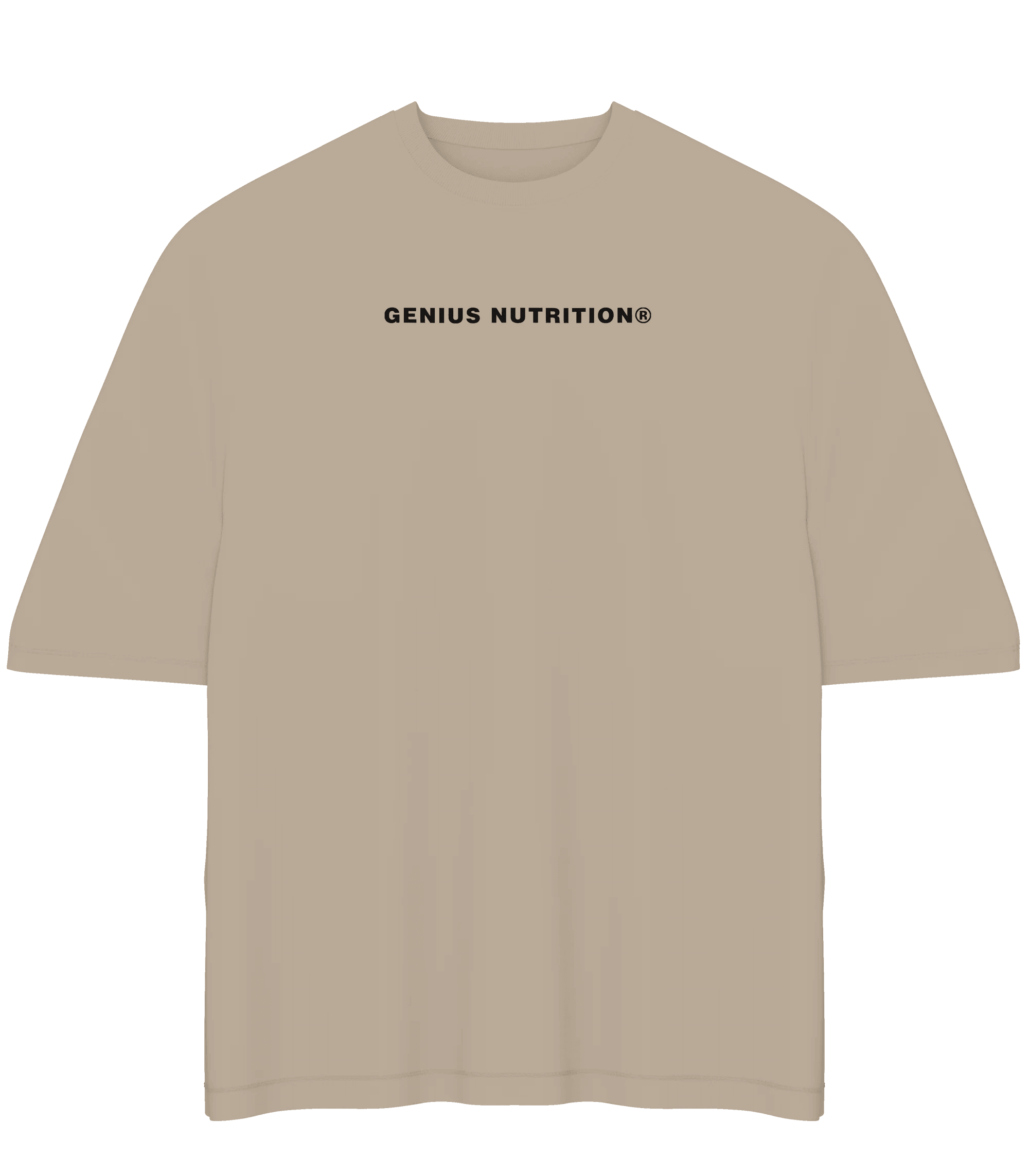 Genius Nutrition oversized T-shirt in sand color, XL size, casual fit, soft fabric, front logo design, displayed on a plain background.