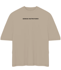 Genius Nutrition oversized T-shirt in sand color, XL size, casual fit, soft fabric, front logo design, displayed on a plain background.