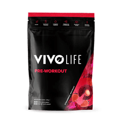 Vivo Life pre-workout supplement container with label, showcasing vibrant branding and product details on a plain background.