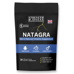 Natagra male vitality supplement by Strength & Spices, 20 capsules, featuring herbal ingredients for energy and stamina.