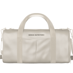Genius Nutrition Sport Bag in cream color with logo, durable design for gym and sports gear storage.