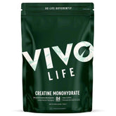 Vivo Life ultra-pure micronized creatine monohydrate supplement container with label, white powder inside, on a plain background.