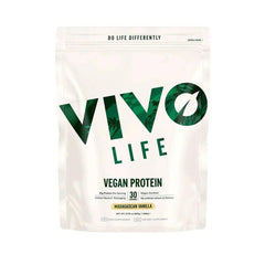 Vivo Life vanilla plant-based protein powder in a resealable bag, 30 servings, gluten-free and vegan-friendly.