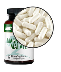 Bottle of Sentosa Nutramedix Magnesium Malate dietary supplement capsules with 120 caps on a white background.