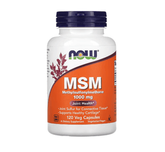 MKSTAVRINOS NOW Foods MSM supplement bottle with 120 vegetarian capsules, showing the product label and capsule details.