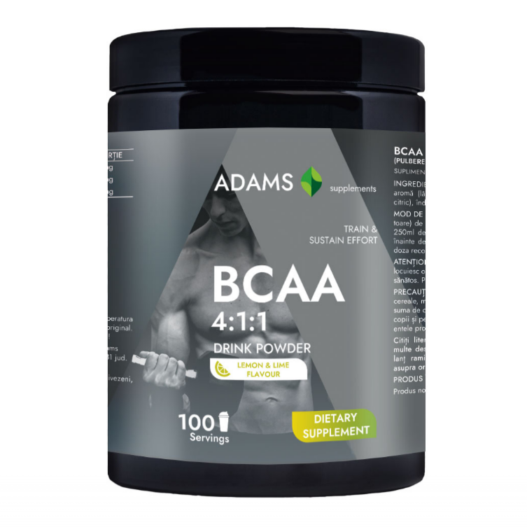Adams Supplements BCAA 4:1:1 lemon-lime supplement powder in a 400g container with lemon-lime flavor.