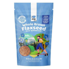 Organic flax seeds from ILOVE ME superfood brand in a 255g package, shown in a clear close-up image.