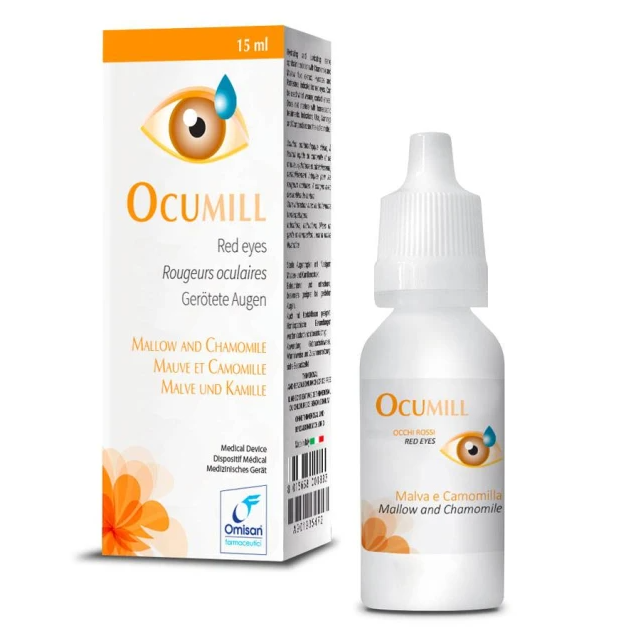 VITAREA Ocumill Eye Drop 15ml bottle with dropper cap, clear liquid for eye care, shown in a close-up shot.