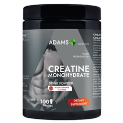 Container of Adams Supplements creatine monohydrate supplement powder in a 400g jar, with label and scoop included.