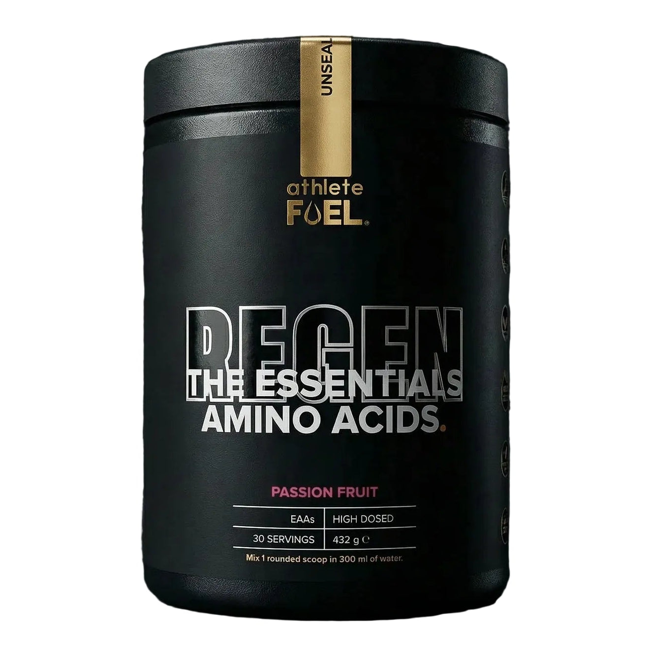 Athlete Fuel REGEN supplement container with 30 servings, featuring a vibrant label and secure lid in a studio setting.