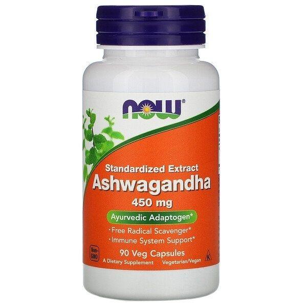 MKSTAVRINOS Now Foods Ashwagandha supplement bottle with 90 vegetarian capsules, 450 mg each for stress support and wellness.