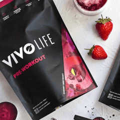 Vivo Life pre workout supplement container with vibrant label, showcasing natural ingredients and branding on a clean background.