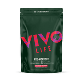 Vivo Life pre-workout supplement container with label, featuring vibrant design and product details on a white background.