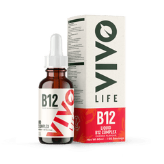 Vivo Life B12 High Potency Vegan Vitamin Supplement bottle with label, showcasing the supplement's packaging and branding.