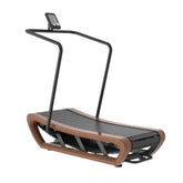 Curved treadmill Saga by Viking Fitness showing a sleek black design with a running belt and control panel.