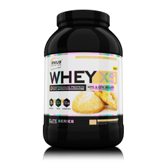 Genius Nutrition WHEY-X5 protein powder in 900g container with Biscotti Cookies flavor, displayed with scoop and packaging.