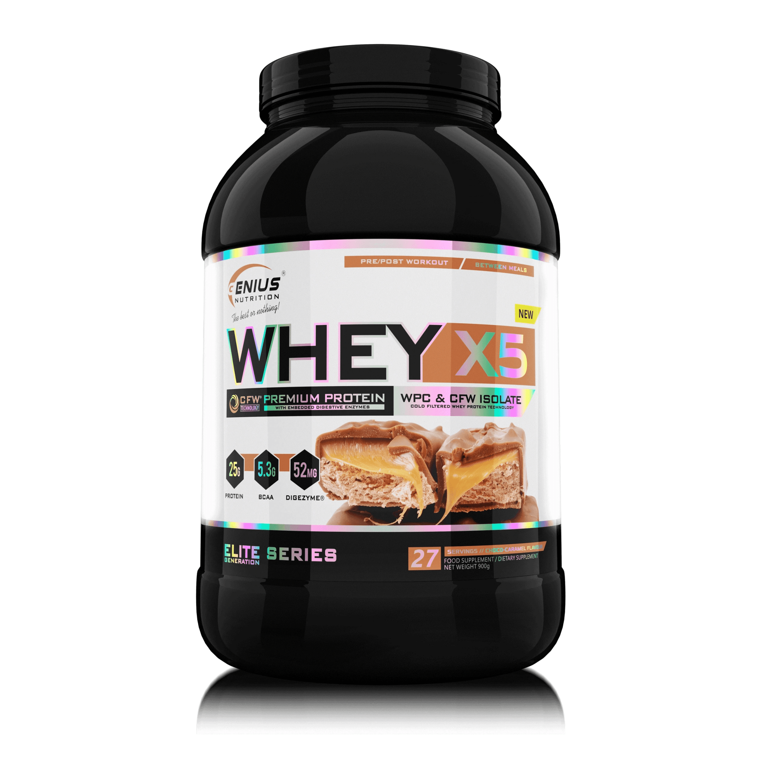 Genius Nutrition WHEY-X5 protein powder in caramel chocolate flavor, 900g jar with scoop on transparent background