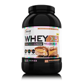 Genius Nutrition WHEY-X5 protein powder in caramel chocolate flavor, 900g jar with scoop on transparent background
