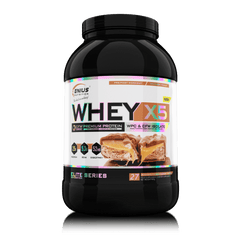 Genius Nutrition WHEY-X5 protein powder in caramel chocolate flavor, 900g jar with scoop on transparent background