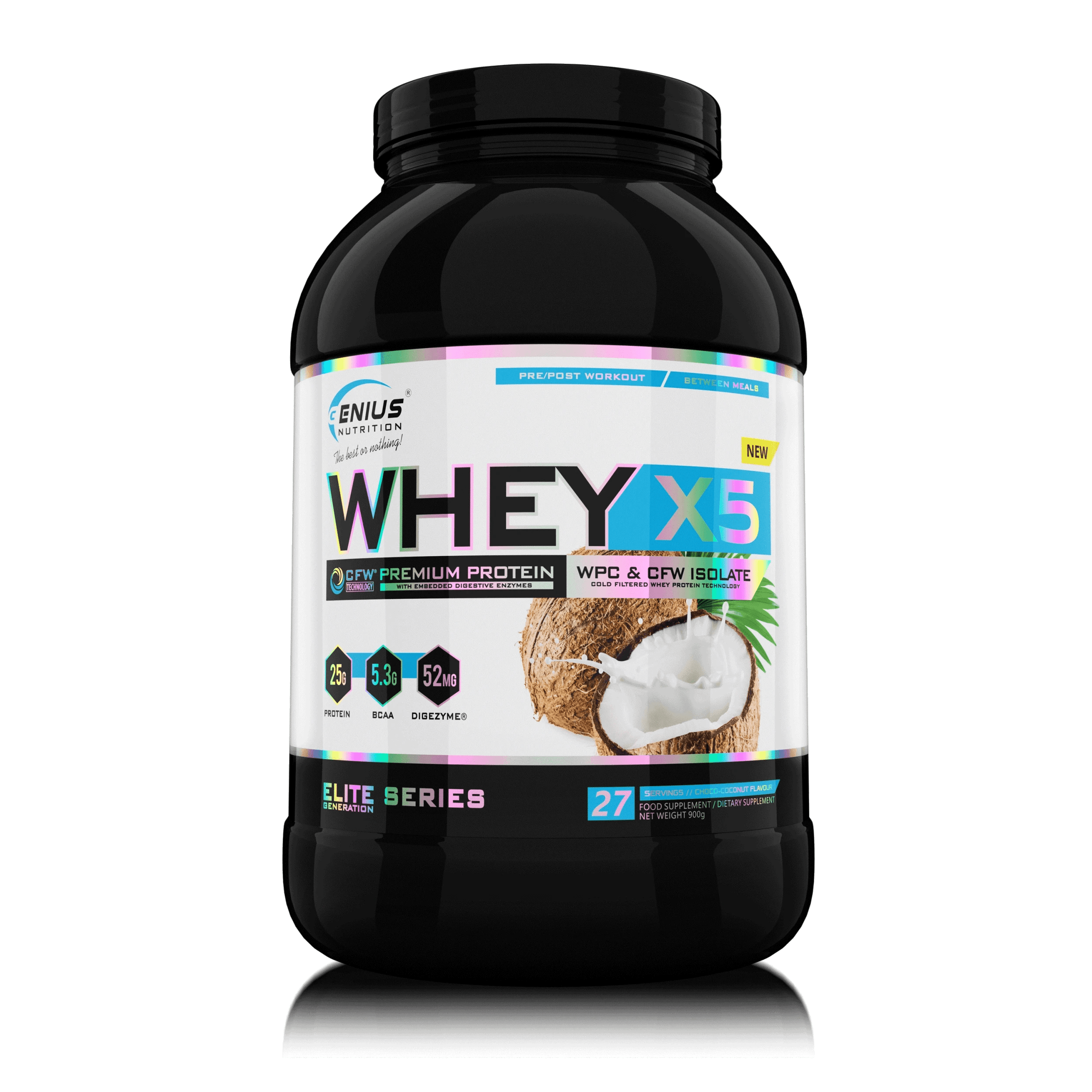 Genius Nutrition WHEY-X5 protein powder in chocolate coconut flavor, 900g jar with scoop on transparent background