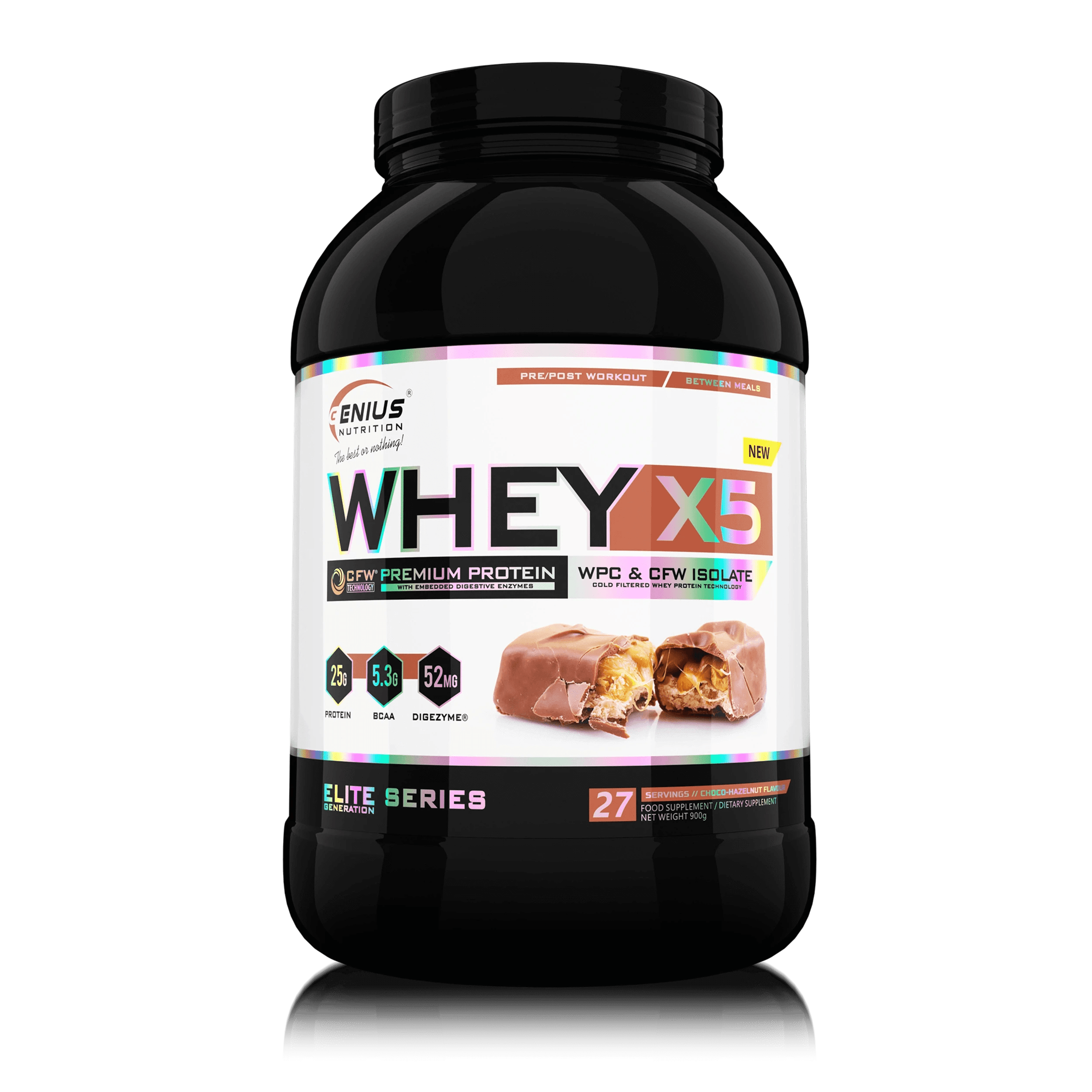 Genius Nutrition WHEY-X5 protein powder in Choco Hazelnut flavor, 900g jar, shown on transparent background