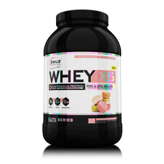 Genius Nutrition WHEY-X5 protein powder with macarons flavor, 900g container, creamy powder in a transparent background image