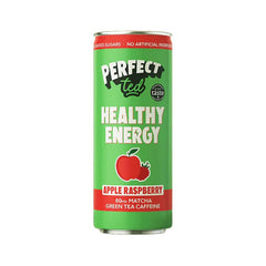 Herbalistas PerfectTed Ceremonial Matcha Energy Drink with apple and raspberry flavor in a 250ml can, vibrant beverage with fresh fruit.