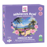 Organic Hibiscus and Acai vegan protein bars from I LOVE ME, shown in a pack of three, featuring colorful fruit ingredients.