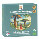 Organic Spirulina and Baobab Protein Bar by I LOVE ME, vegan superfood snack with green spirulina and fruit pieces.