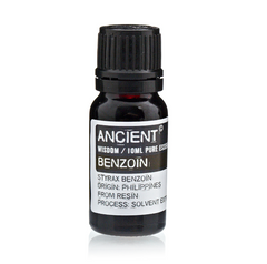 Benzoin essential oil bottle from AW Gifts, 10ml, with a clear label and amber-colored glass container for skincare use