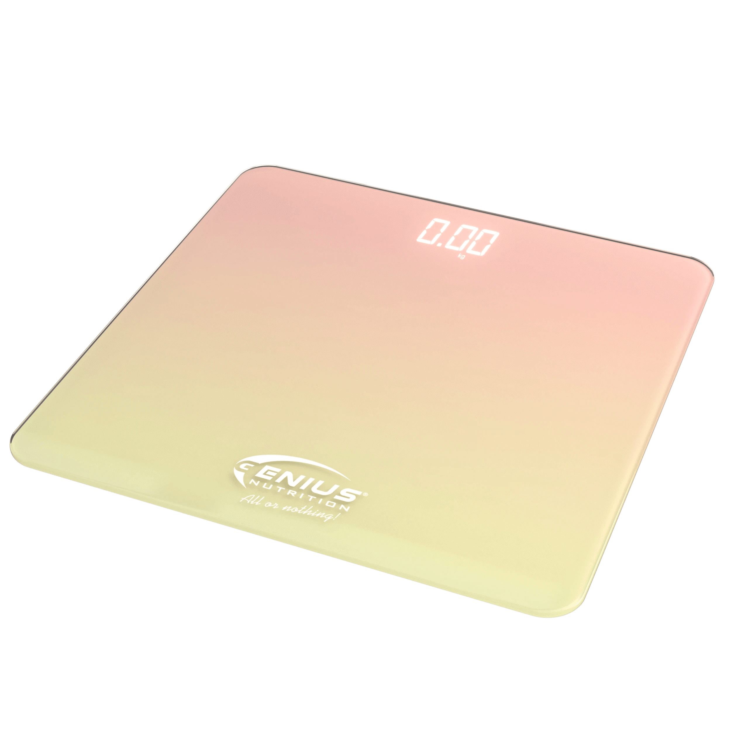 Pink and yellow Genius Nutrition body scale for fitness tracking, featuring a digital display and sleek design.